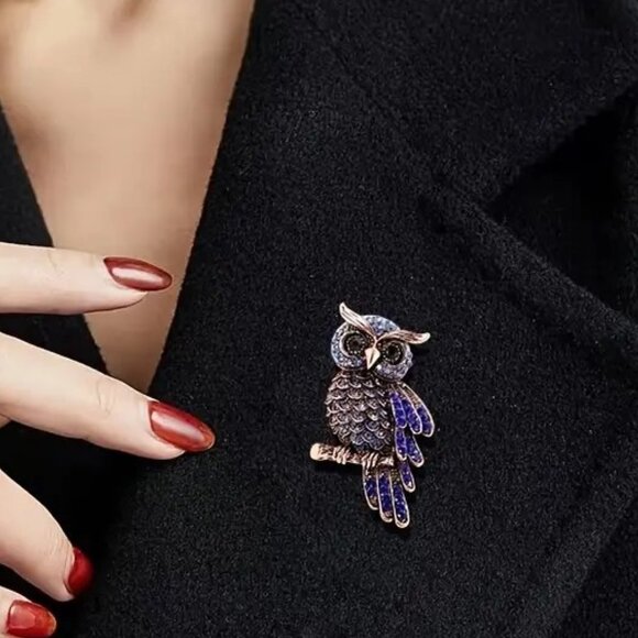 Owl Brooch Blue Rhinestone Pin SIlver Bird Gems Eyes Hoot Hollywood Glam Sparkle - Picture 2 of 5
